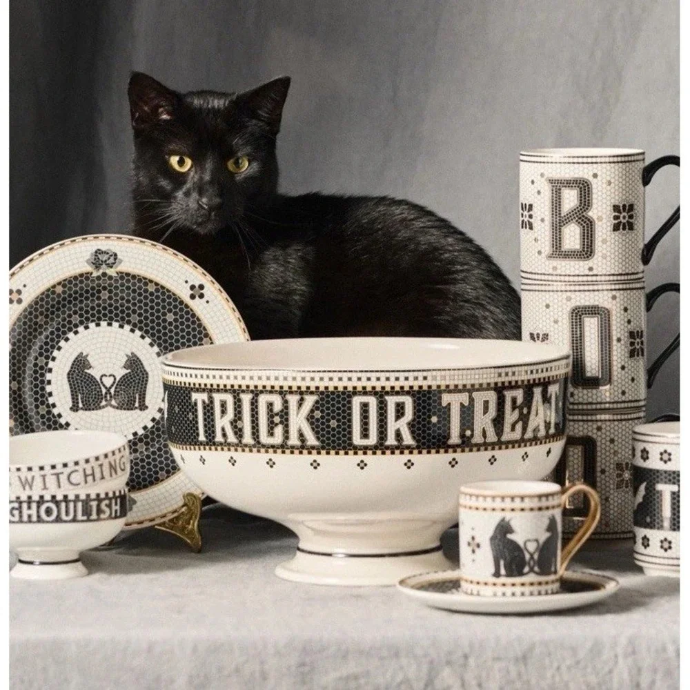 Anthropologie Bistro Tile Nut Bowl Set 2 Halloween Witch Cat & Bat Dessert Black